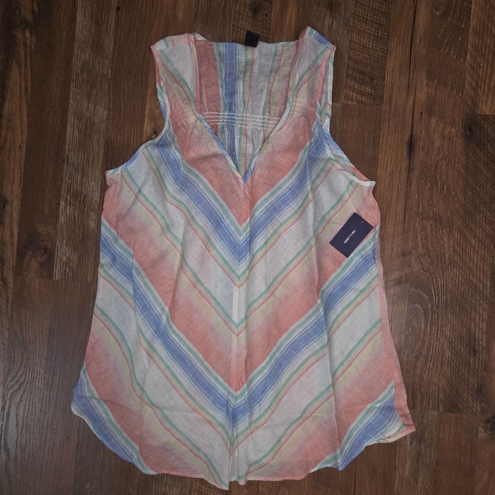 GAP Linen Sleeveless Top Womens Large Multi Color Stripe V-Neck Boho Coastal